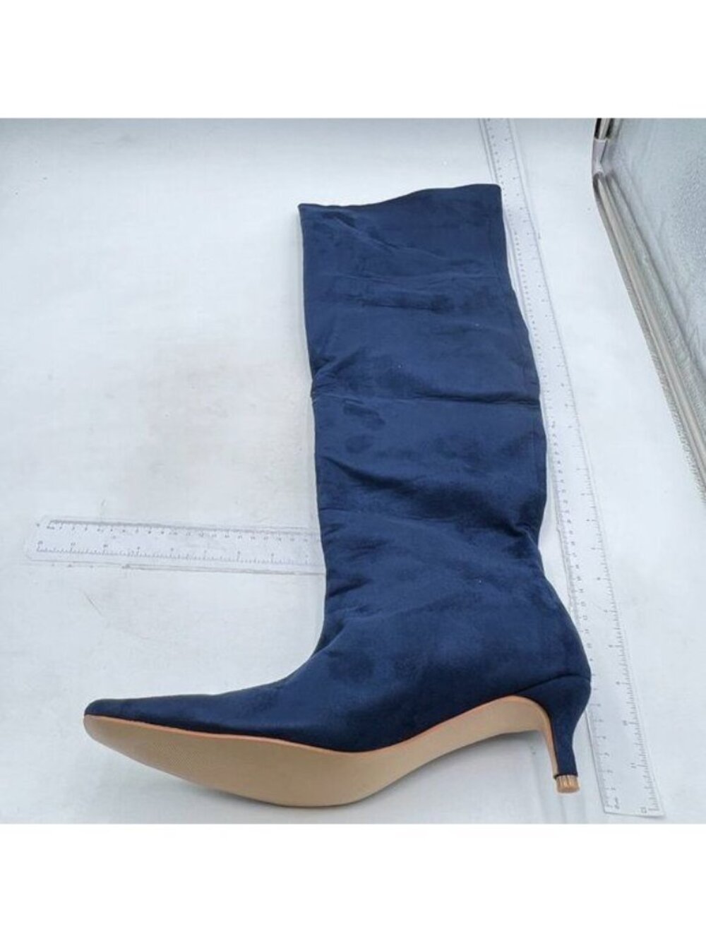 Women Kitten Heel Over Knee High Boots Square Toe Matte Leather Blue